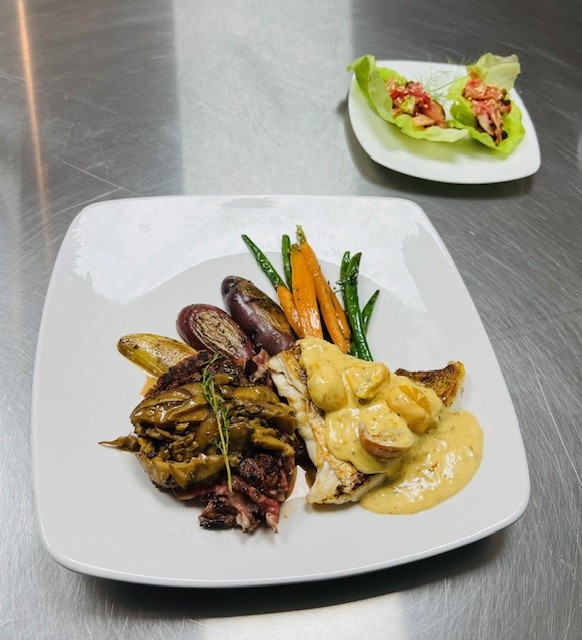 steak and seafood dish